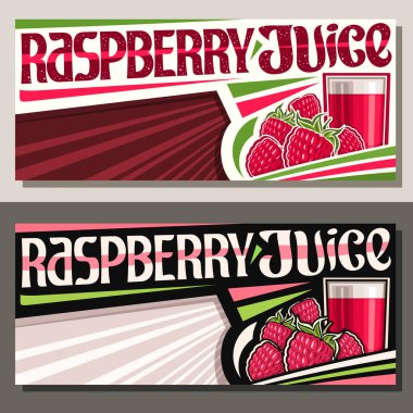 Fotokopi alanı olan ahududu suyu için vektör pankartları, bardakta böğürtlen içeceği resimli dekoratif yatay düzenler, yapraklı ahududu yığını, ahududu suyu için eşsiz harfler..