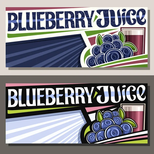带有复制空间的蓝莓汁的矢量横幅 带有玻璃杯中浆果饮料插图的装饰水平布局 带有叶子的蓝莓堆 用于单词蓝莓汁的独特字母 — 图库矢量图片
