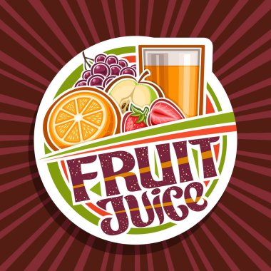 Meyve Suyu için vektör logosu, cam, yarım portakal, çilek, elma ve üzüm resimli dekoratif kesim kağıt etiketi, meyve suyu için eşsiz harfli multifruit konsepti..
