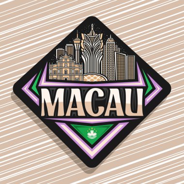 Macau için vektör logosu, Macau için siyah dekoratif yol tabelası alacakaranlık gökyüzü arka planında ünlü Makao şehir manzarasının çizgi çizimi, sanat tasarımı turist buzdolabı mıknatısı Macau kelimesi için eşsiz harflerle.