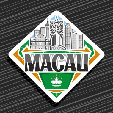 Macau için vektör logosu, beyaz dekoratif yol tabelası, gökyüzü arka planında ünlü Makao şehir manzarasının çizgi çizimi, sanat tasarımı turist buzdolabı mıknatısı, siyah kelime macau için eşsiz harflerle..