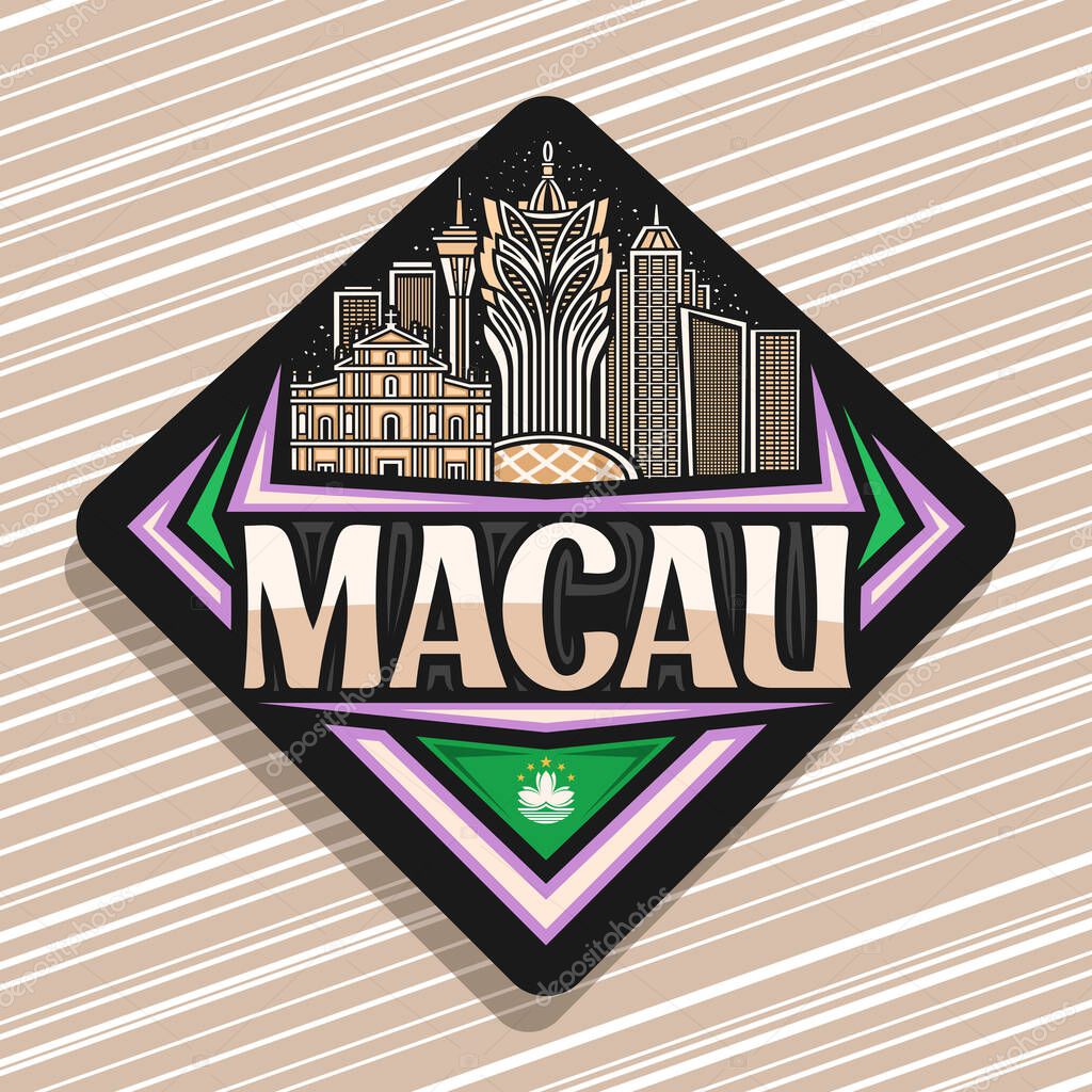 Vector logo for Macau, black decorative road sign with line illustration of famous macau city scape on twilight sky background, art design tourist fridge magnet with unique letters for word macau.