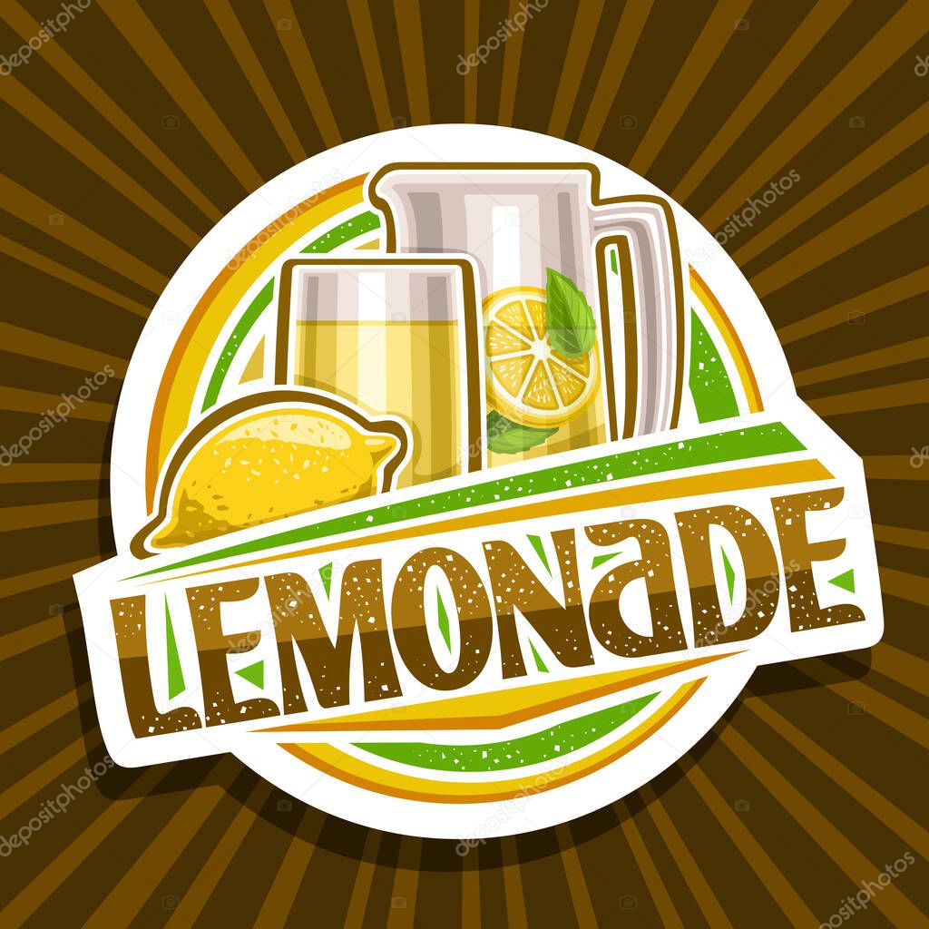 Vector logo for Lemonade, decorative cut paper sign with illustration of whole lemon and drink in glass and pitcher, fruit concept with unique lettering for word lemonade on brown abstract background.