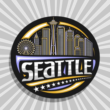 Seattle için vektör logosu, Seattle şehrinin modern gökyüzü arka planının ana hatlarıyla çizilmiş siyah dekoratif rozeti, sanat tasarımı turist buzdolabı mıknatısı, Seattle için eşsiz harflerle..