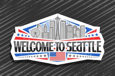 Seattle için vektör logosu, Seattle şehrinin ünlü gökyüzü arka planının çizgi çizimi olan beyaz dekoratif rozet, siyah kelimeler için eşsiz harflerle turist buzdolabı mıknatısı Seattle 'a hoş geldiniz..