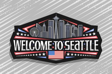 Seattle 'ın vektör logosu, Seattle' ın ünlü Seattle şehrinin alacakaranlık arkaplanındaki resmini gösteren siyah dekoratif rozet, sanat tasarımı turist buzdolabı mıknatısı, Seattle 'a hoş geldiniz demek için eşsiz harfler.