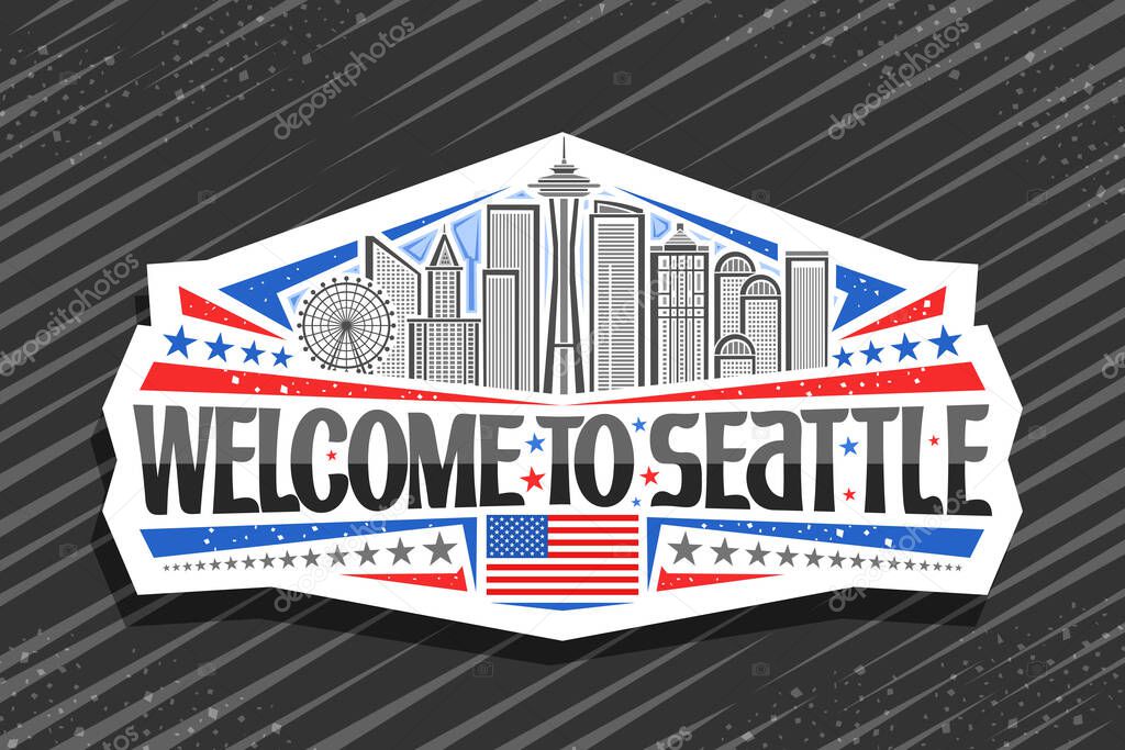 Vector logo for Seattle, white decorative badge with line illustration of famous seattle city scape on day sky background, tourist fridge magnet with unique letters for black words welcome to seattle.