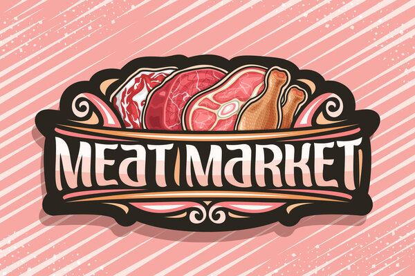Vector logo for Meat Market, dark decorative badge with illustration of different meat pieces, signage with vintage flourishes and unique brush letters for words meat market on red striped background.