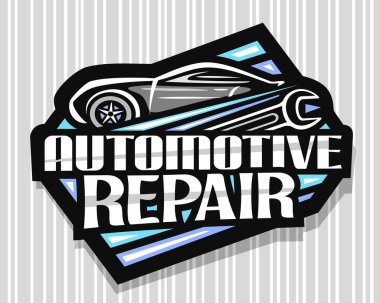 Otomotiv Tamiri için vektör logosu, basit taslak araç ve siyah anahtarı olan koyu dekoratif tabela, gri çizgili arka planda otomotiv tamiri için eşsiz harfleri olan rozet..