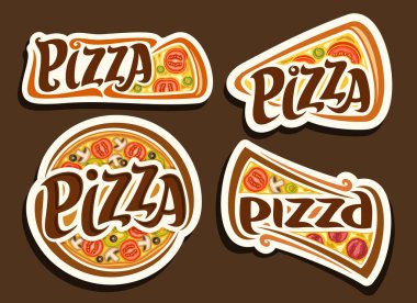 Vector Pizza Set, 4 adet geleneksel İtalyan fast food ve farklı pizza isimleriyle kesilmiş resim, çeşitli dekoratif tasarım beyaz rozetler ve pizza kelimesinin harfleri eşsizdir..