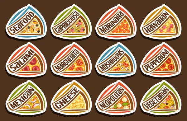 ベクトルピザセット 12は ピザのタイトル ファーストフードレストランでのピザのための装飾的なデザインの白いタグの多くのグループの多様なテキストと伝統的なイタリアのファーストフードのシャックでイラストをカット — ストックベクタ
