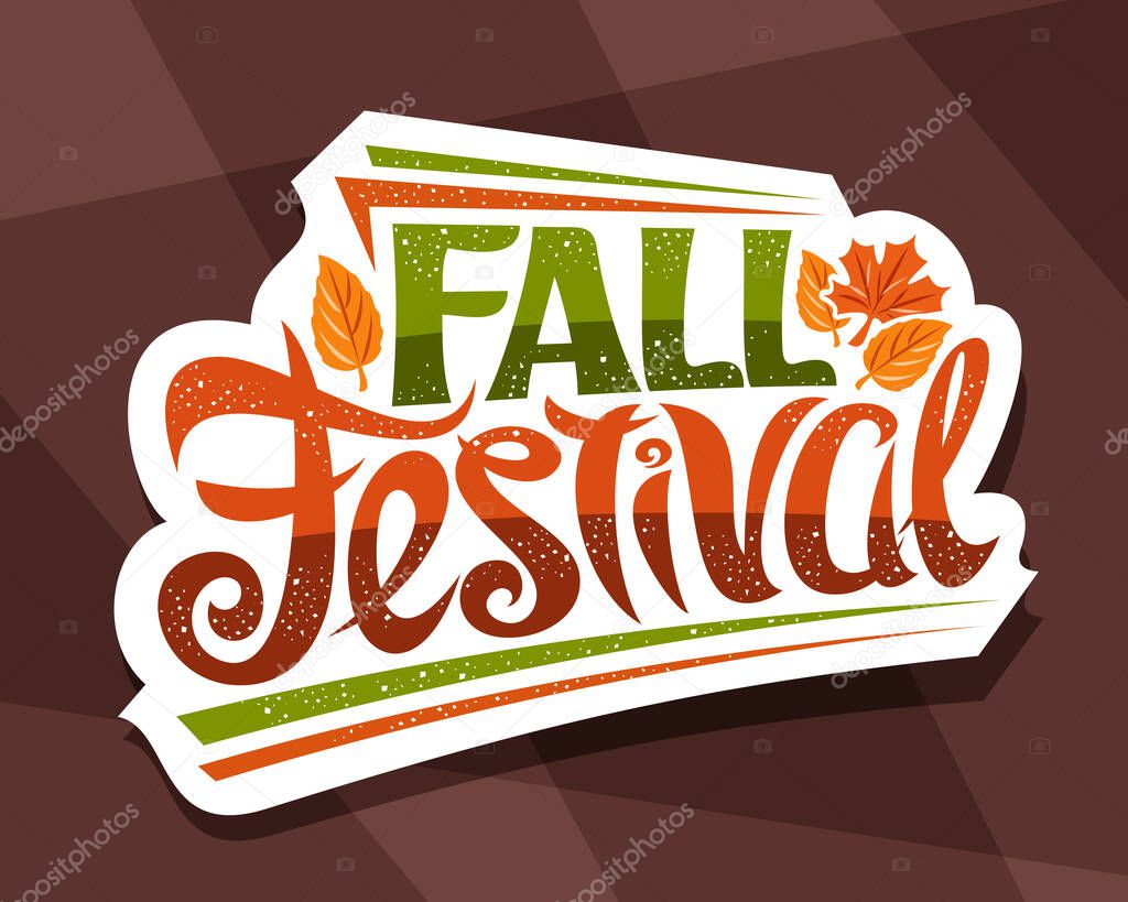 Vector lettering Fall Festival, white signage with curly calligraphic font and illustration of decorative falling leaves, greeting card with swirly unique lettering - fall festival on brown background