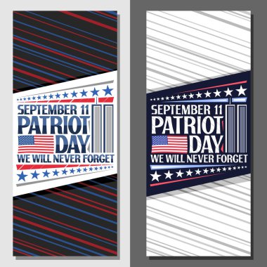 Vatanseverlik Günü için vektör planları, dünya ticaret merkezi resimli dekoratif kart, Amerikan bayrağı, 11 Eylül için eşsiz harfler, Vatanseverlik Günü, asla unutamayacağımız ve üst üste dizilen yıldızlar..
