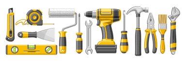 Onarım araçları vektör seti, 13 kesme örnekleri çeşitli sarı lastik ve çelik donanım araçları, beyaz arkaplan üzerinde çalışma günü için çok sayıda nesne koleksiyonu.