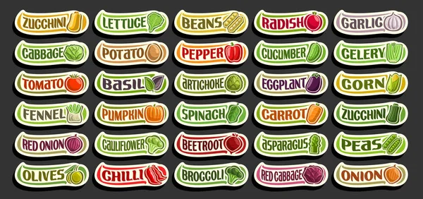 一组切碎的卡通蔬菜 各种用于健康营养的最小设计蔬菜贴纸 收集带有包装词的孤立的农业简单图标 — 图库矢量图片
