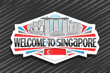 Singapur için vektör logosu, Singapur için beyaz dekoratif etiket, modern Singgapur şehir manzarasının çizimi gökyüzü arka planında, turist buzdolabı mıknatısı siyah kelimeler için eşsiz harflerle Singapur 'a hoş geldiniz