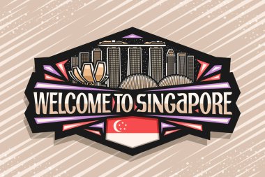 Singapur için vektör logosu, Singapur için siyah dekoratif etiket. Alacakaranlık gökyüzü arka planında modern Singapur şehir manzarasının çizimi. Singapur 'a hoş geldiniz demek için eşsiz harflerle turist buzdolabı mıknatısı.