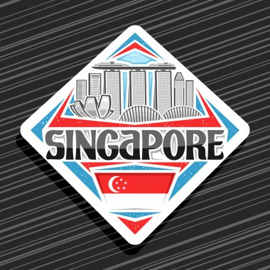 Singapur için vektör logosu, Singapur için beyaz yol tabelası. Gündüz gökyüzü arka planında modern Singapur şehir manzarasının tasviri. Turist buzdolabı mıknatısı tasarımı. Siyah kelime Singapur için eşsiz harflerle..