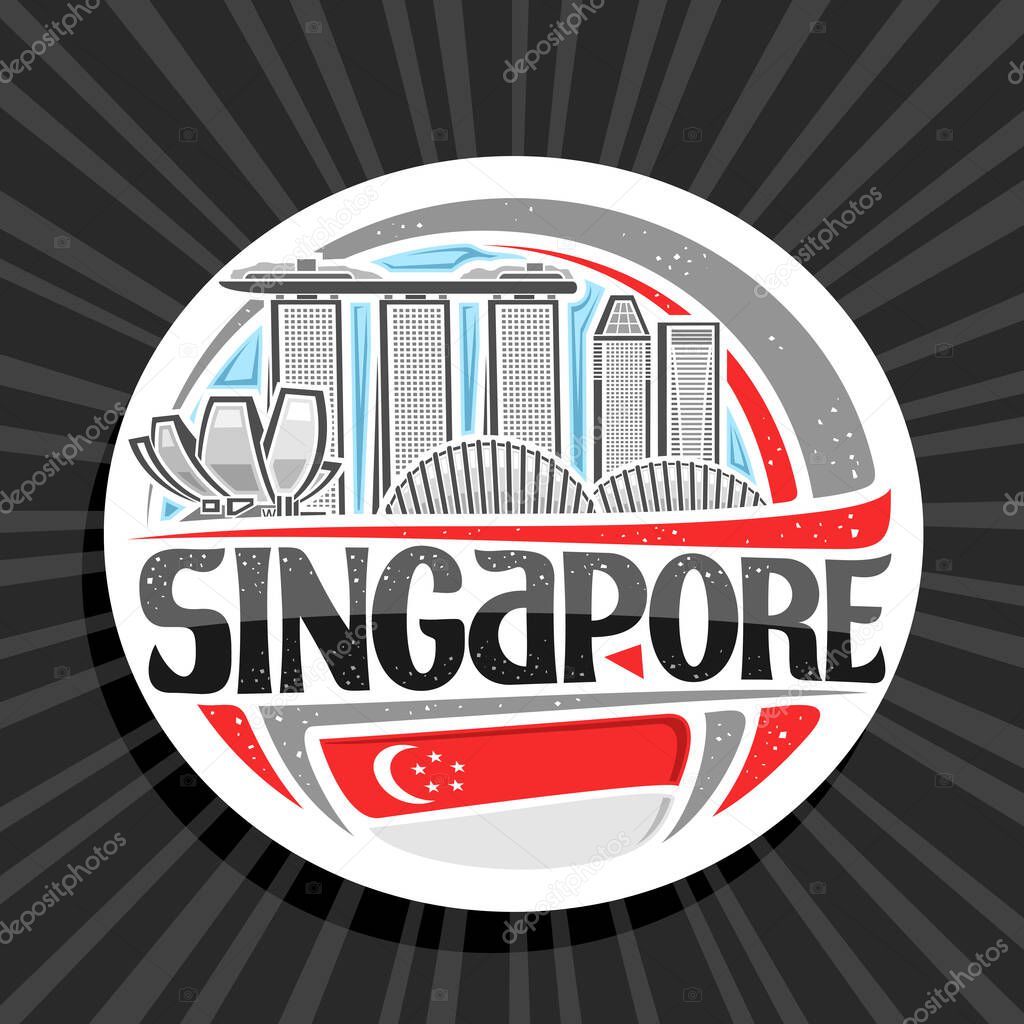 Vector logo for Singapore, white decorative round stamp with outline illustration of modern singapore city scape on day sky background, tourist fridge magnet with unique letters for word singapore.