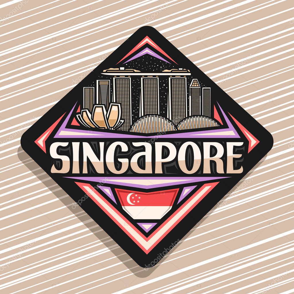 Vector logo for Singapore, black road sign with outline illustration of modern singapore city scape on evening sky background, art design tourist fridge magnet with unique letters for word singapore.