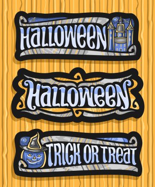 Cadılar Bayramı için vektör seti, eski şatosu ve dekoratif süslemeleri olan 3 izole resim, şapka içinde cadılar bayramı Jack-o-Lantern ve kelimeler için eşsiz fırça harfleri - şaka mı şeker mi.
