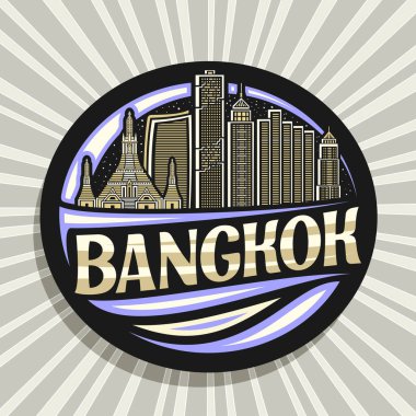 Bangkok için vektör logosu, Bangkok için özel harflerle sanat tasarımı turist buzdolabı mıknatısı ve Bangkok için özel harflerle ünlü Bangkok şehir manzarasının ana hatlarıyla çizilmiş siyah dekoratif rozet..