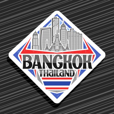 Bangkok için vektör logosu, Bangkok için beyaz yol tabelası. Gündüz gökyüzü arka planında modern Bangkok şehir manzarasının çizimi. Sanat tasarımı turist buzdolabı mıknatısı..