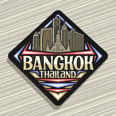 Bangkok için vektör logosu, modern Bangkok şehir manzarasının ana hatlarıyla çizilmiş siyah yol işareti alacakaranlık gökyüzü arka planında, sanat tasarımı turist buzdolabı mıknatısı Bangkok, Tayland ve
