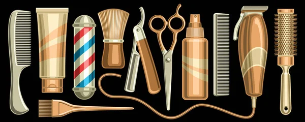 ヘアサロンと理髪店のためのベクトルセット 黒を背景に女性と男性のヘアケアツール銀と黄金の色の11枚の独立したイラスト — ストックベクタ