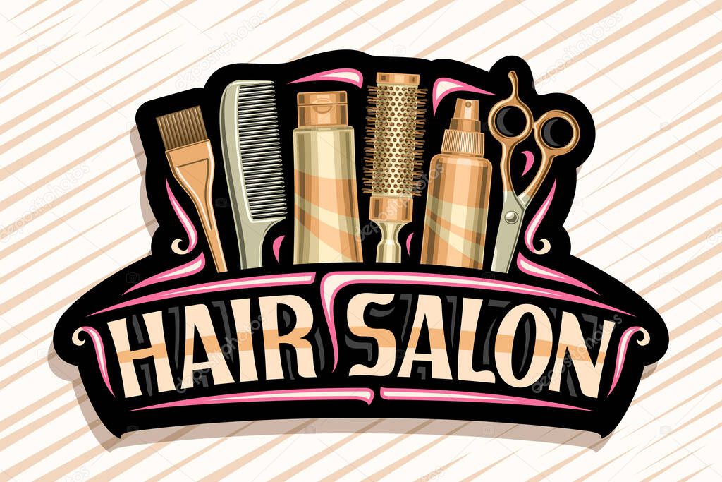 Vector logo for Hair Salon, dark decorative sign board with professional beauty accessories, unique letters for brown words hair salon, elegant signage for beauty parlor with red curly flourishes.
