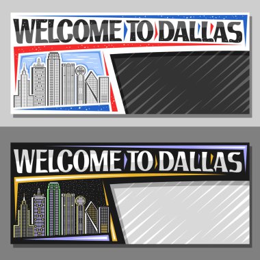 Kopyalama alanı ile Dallas için vektör yerleşimleri, Dallas şehrinin gündüz ve akşam gökyüzü arka planının resimli dekoratif makbuzu, Dallas 'a hoş geldiniz sözleriyle sanat tasarımı turizm kuponu.