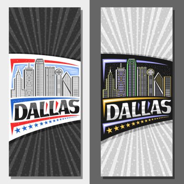 Dallas için vektör taslakları, Dallas şehrinin gündüz ve alacakaranlık yıldızlı arka planının ana hatlarıyla süslenmiş dekoratif broşür, Dallas için eşsiz harflerle yazılmış sanat tasarımı turist kartı..