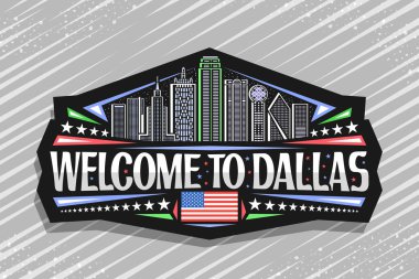 Vector logo for Dallas, black decorative badge with line illustration of famous dallas city scape on twilight sky background, art design fridge magnet with unique letters for words welcome to dallas. clipart