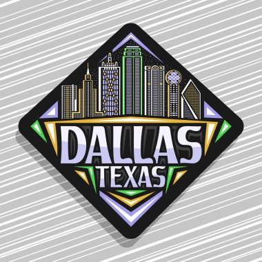 Dallas için vektör logosu, Dallas için siyah eşkenar dörtgen yol tabelası. Alacakaranlık arka planında Dallas şehrinin manzarası. Sanat tasarımı turist buzdolabı mıknatısı..
