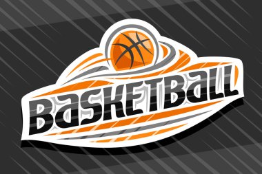 Basketbol sporu için vektör logosu, beyaz modern amblem, kalede uçan top tasviri, siyah kelime basketbolu için eşsiz harfler, dekoratif süslemeli spor tabelası ve modaya uygun sanat eserleri..
