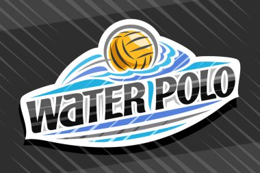 Water Polo Sport için vektör logosu, beyaz modern amblem, kalede uçan top tasviri, siyah kelimeler için eşsiz harfler su polosu, dekoratif süslemeler ve moda sanat eserleri ile spor işareti.
