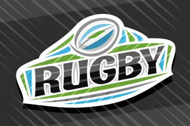 Rugby Sport için vektör logosu, beyaz modern amblem, kalede uçan top tasviri, siyah kelime rugby için benzersiz harfler, dekoratif gösterişli spor tabelaları ve moda sanat eserleri..