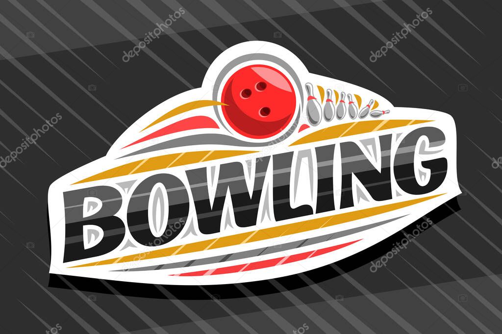 Vector logo for Bowling Sport, white modern emblem with illustration of flying ball in goal, unique lettering for black word bowling, sports sign with decorative flourishes and trendy line art.