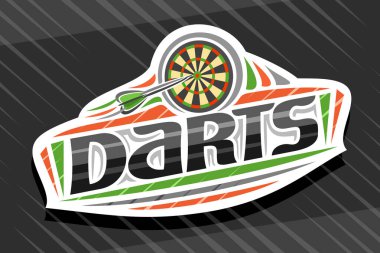 Dart sporu için vektör logosu, hedefinde uçan oklar olan beyaz modern amblem, siyah dart için benzersiz harfler, dekoratif gösterişli spor işareti ve modaya uygun sanat eserleri..