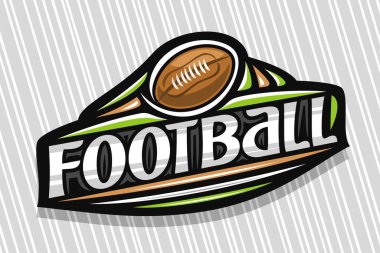 Amerikan futbolu için vektör logosu, kalede uçan topun resmedildiği koyu modern amblem, gri kelime futbolu için eşsiz harfler, dekoratif süslemeli spor tabelası ve modaya uygun sanat eserleri..