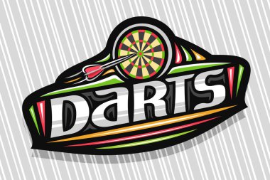 Dart sporu için vektör logosu, hedefinde uçan oklar olan koyu modern amblem, gri dart için eşsiz harfler, dekoratif süslemeli spor işareti ve modaya uygun sanat eserleri.