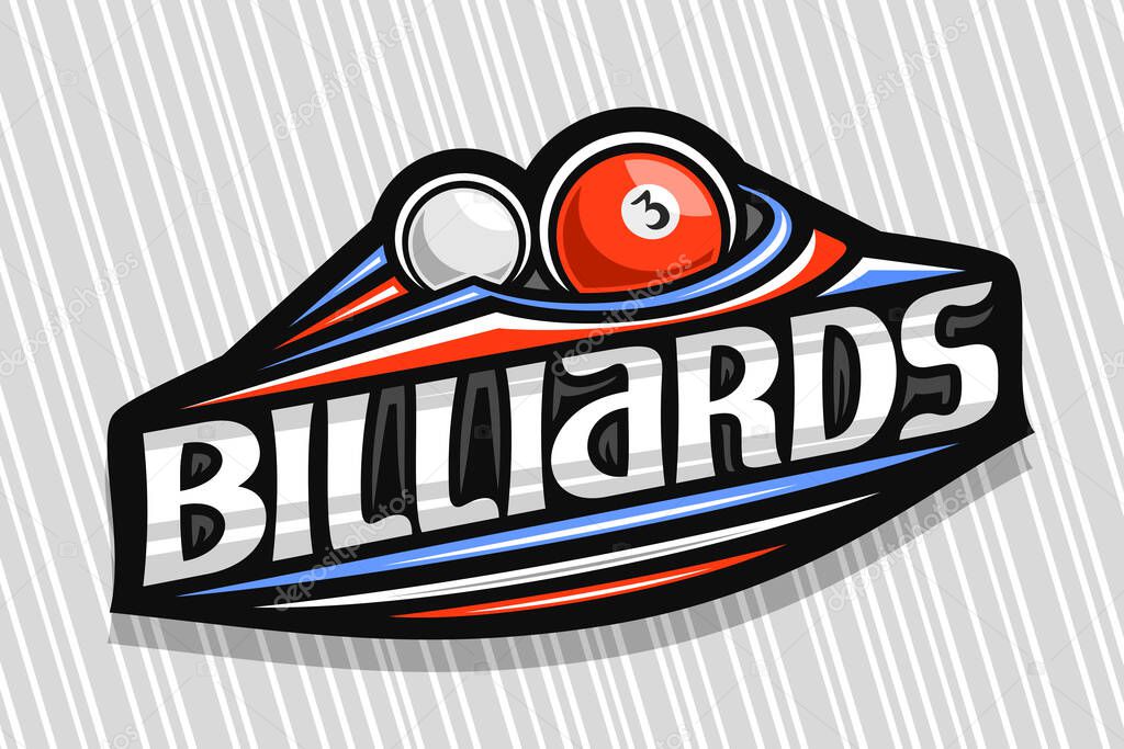 Vector logo for Billiards Sport, dark modern emblem with illustration of flying ball in goal, unique lettering for gray word billiards, sports sign with decorative flourishes and trendy line art.