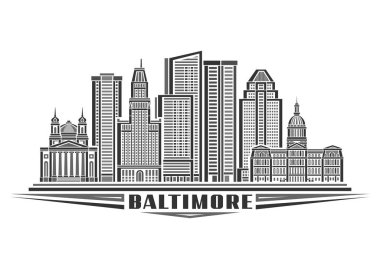 Baltimore 'un vektör illüstrasyonu, doğrusal tasarımı olan tek renkli yatay kart ünlü Baltimore şehri manzarası, beyaz arka planda siyah metin için dekoratif harflerle dekoratif sanat konsepti