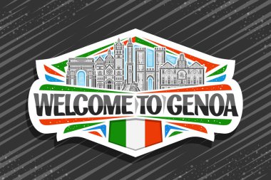Ceneviz için vektör logosu, Cenova 'ya hoş geldiniz diyen sanat tasarımı turist buzdolabı mıknatısı, Ceneviz' e hoş geldiniz diyen tarihi Ceneviz şehir manzarasının ayrıntılı tasviri ile dekoratif kesilmiş kağıt etiket.