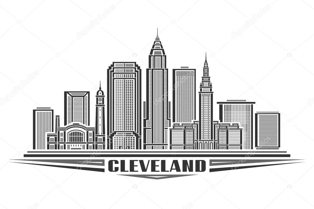 Vector illustration of Cleveland, monochrome horizontal card with linear design famous cleveland city scape, urban line art concept with decorative letters for black text cleveland on white background