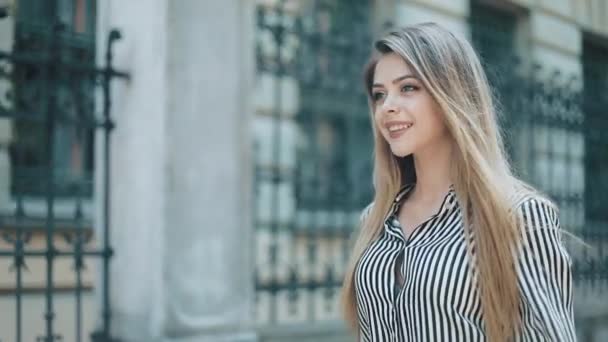 Mulher de negócios bonita feliz no vestido bonito que anda ao longo da rua velha. Movimento lento. olhar elegante. O conceito de um olhar elegante e um negócio de sucesso — Vídeo de Stock