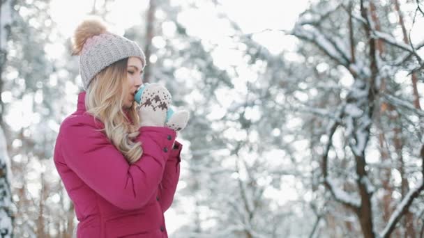 Vacker kvinna i vinter hatt har snö och drycker varma drycken stod utanför i snön i skogen. Flicka njuter av vintern utomhus. Jullov — Stockvideo