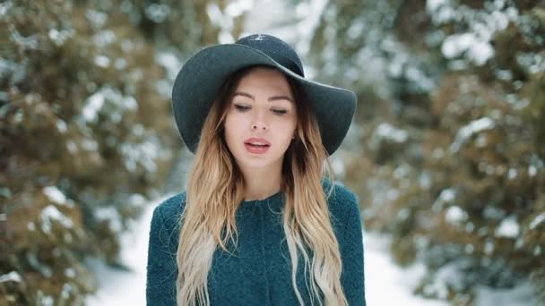 Signora in cappotto verde e cappello passeggia nella foresta invernale. Close up Ritratto di elegante giovane bella donna in un parco invernale su sfondo innevato. guardando la telecamera nel parco invernale. all'aperto — Video Stock