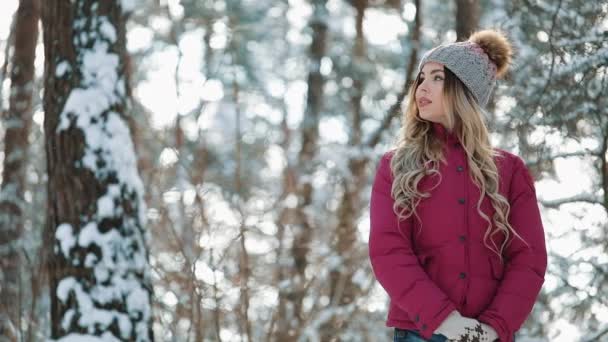 Joven mujer sonriente disfrutando del invierno. Mujer vestida con ropa de abrigo en un frío bosque de nieve de invierno. Disparo en la épica roja — Vídeo de stock