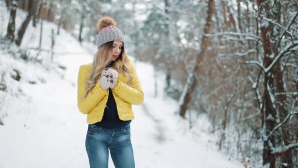 Красивая женщина в зимней шляпе согревает руки, стоя на снегу в лесу. — стоковое видео